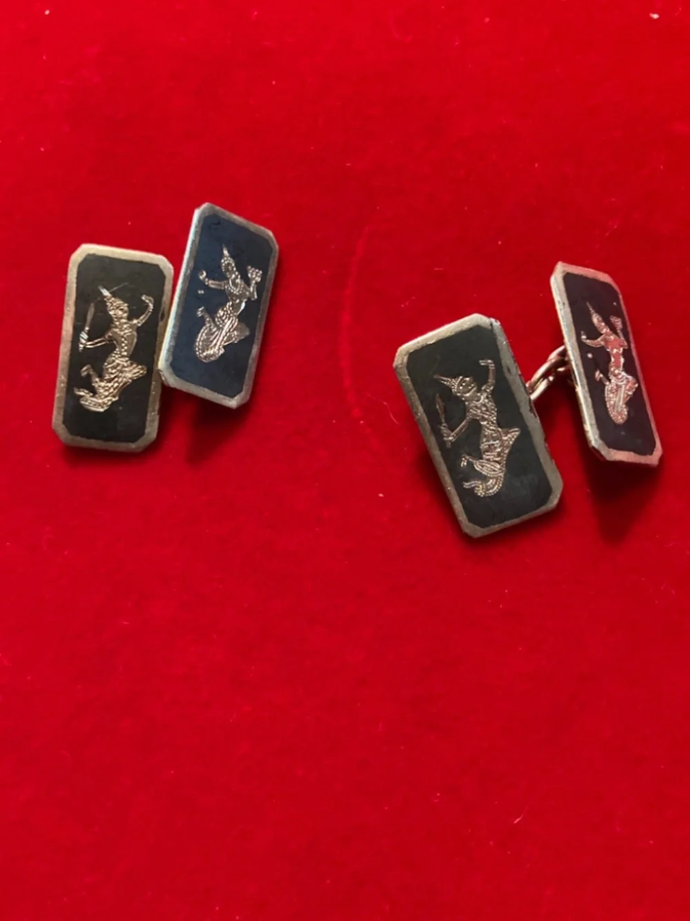 Vintage Sterling Silver Thai Niello Rectangular Cufflinks – Black Enamel Figures